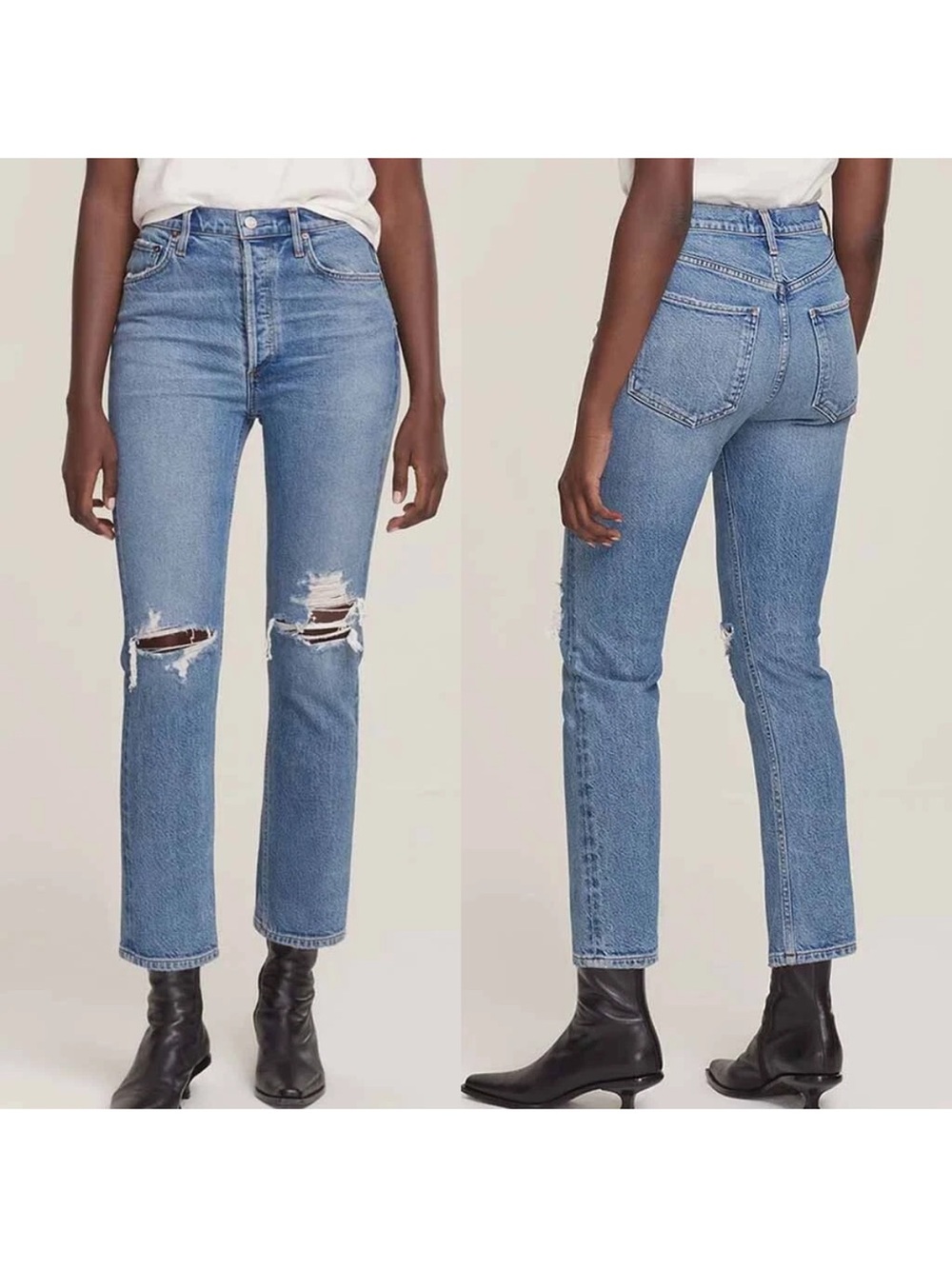 Agolde Riley High Rise Straight Medium Blue Distressed Boyfriend Jeans Sz 30